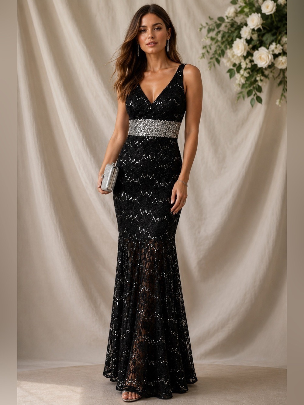 My Michelle Dress Black Sequin Prom Dress Silver Waist Formal Evening Gown Sz 5